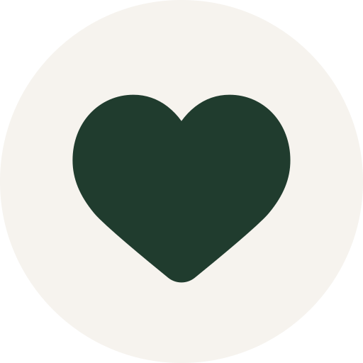 Solid dark green heart icon centered on a white circular background.