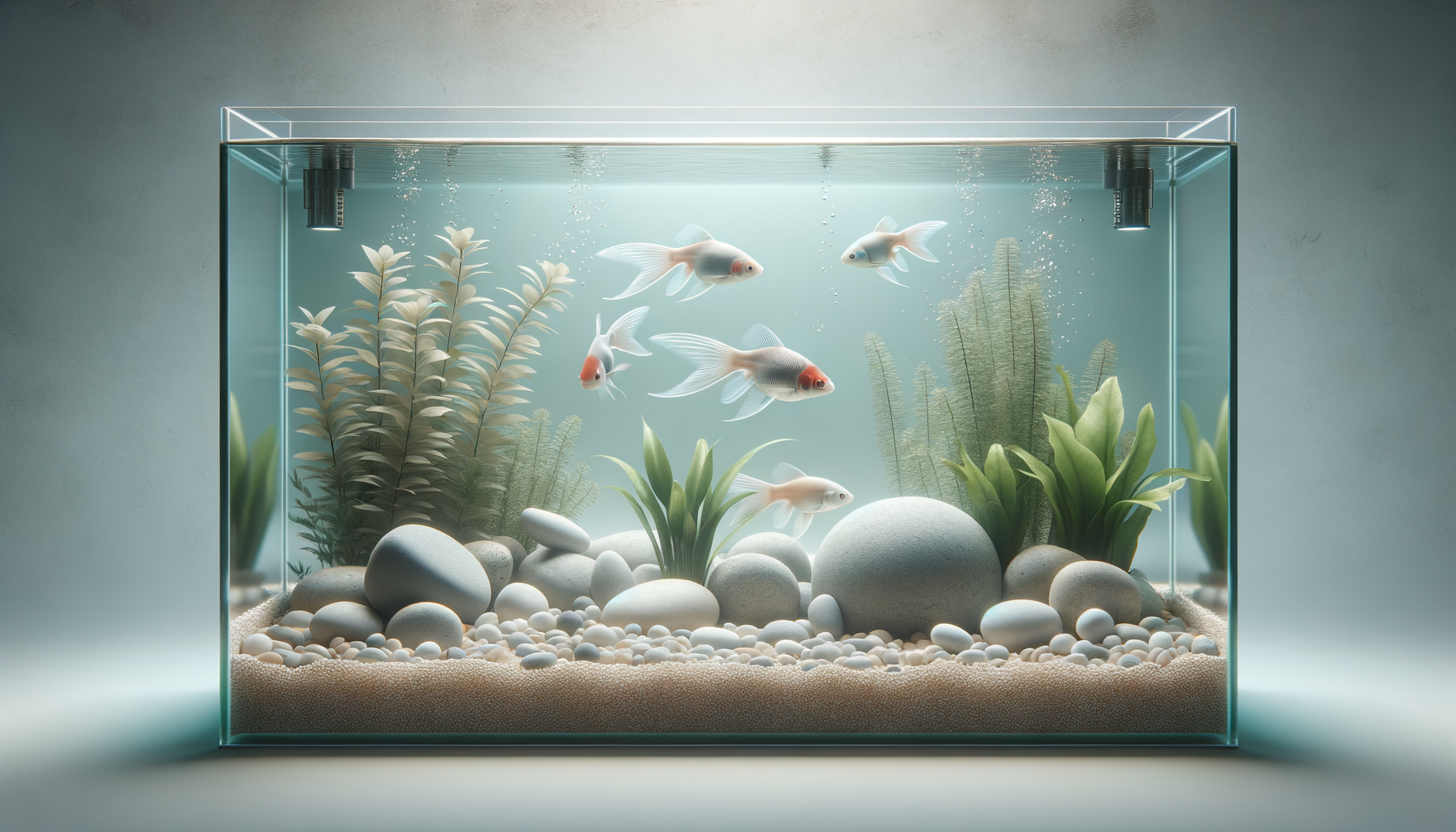 A freshwater aquarium with three goldfish swimming among plants, rocks, and pebbles.