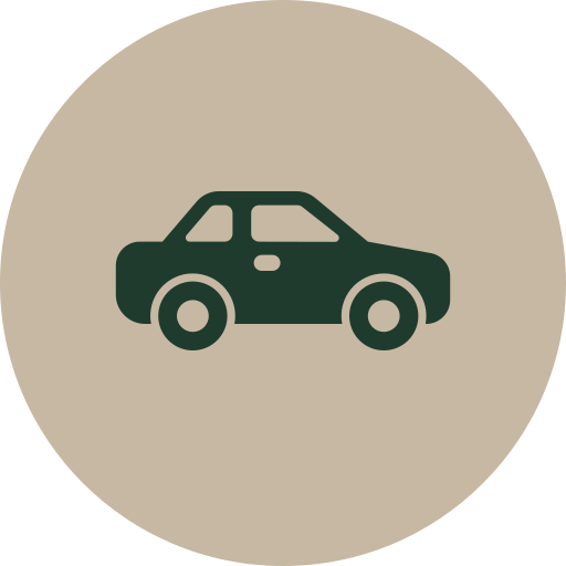 Icon of a green car on a beige circular background.