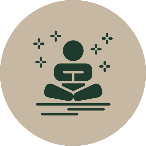 A simplified icon of a person sitting in a meditative pose with a dot above their head and small star-like symbols around them, representing meditation or mindfulness.