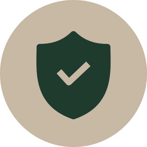 Green shield icon with a checkmark in the center on a beige background.