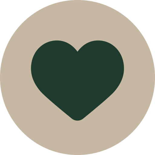 A dark green heart icon on a beige background within a circular frame.