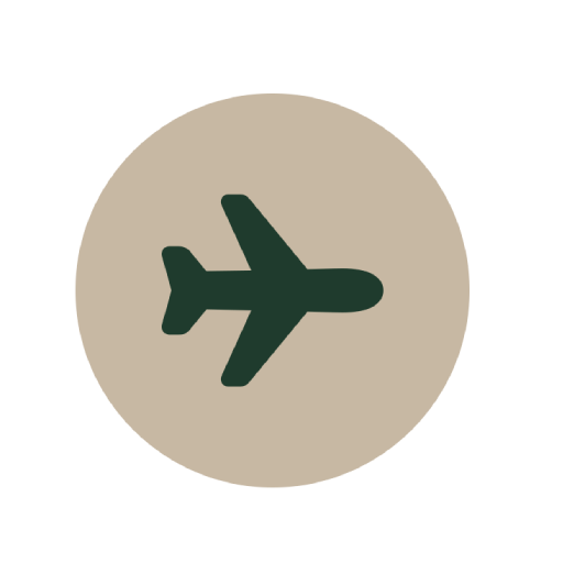 Icon of an airplane inside a beige circle on a black background.