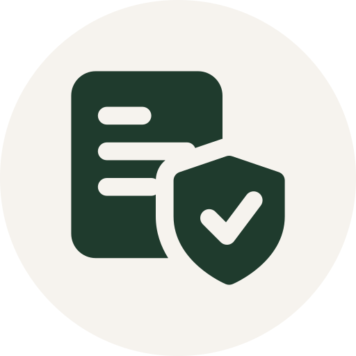 Icon of a document with lines and a shield with a checkmark, representing security or verification.