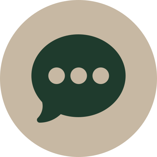 Speech bubble icon with three dots inside, beige background.
