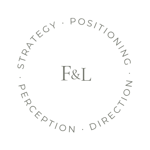 Flossie & Locke circular seal with the words strategy, positioning, perception and direction