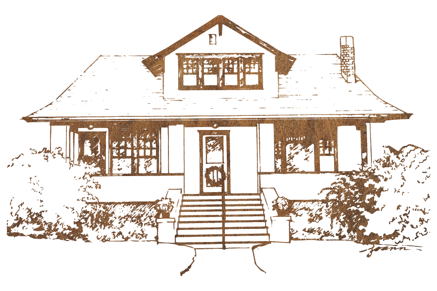 Drawing or illustration of a house with a front porch, stairs, and shrubbery.