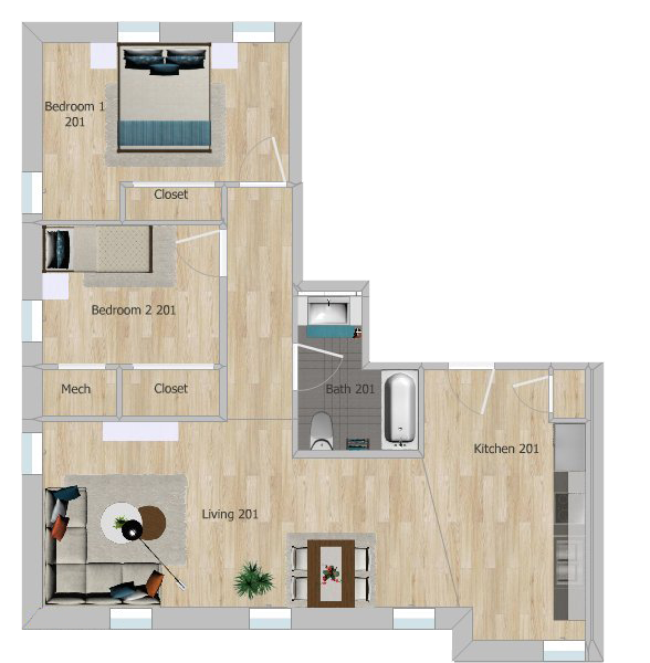Floor plan of an apartment showing two bedrooms, a bathroom, a living room, and a kitchen. Bedroom 1 has a large bed, Bedroom 2 has a smaller bed, both bedrooms have closets. The bathroom includes a bathtub, toilet, and sink. The living room has a sofa, a coffee table, a lamp, and a plant. The kitchen has counters and appliances.