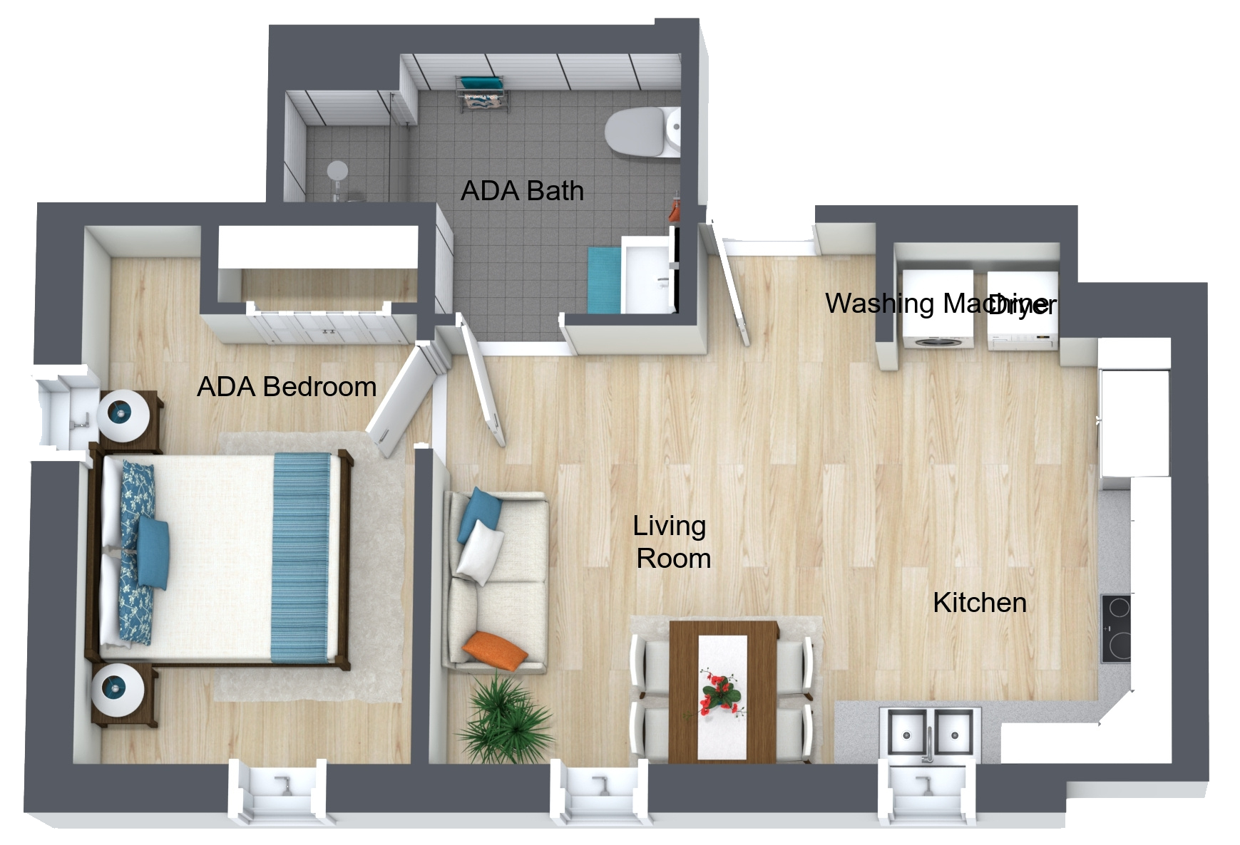 Floor plan of a one-bedroom apartment showing a bedroom, living room, kitchen, bathroom, and laundry area.