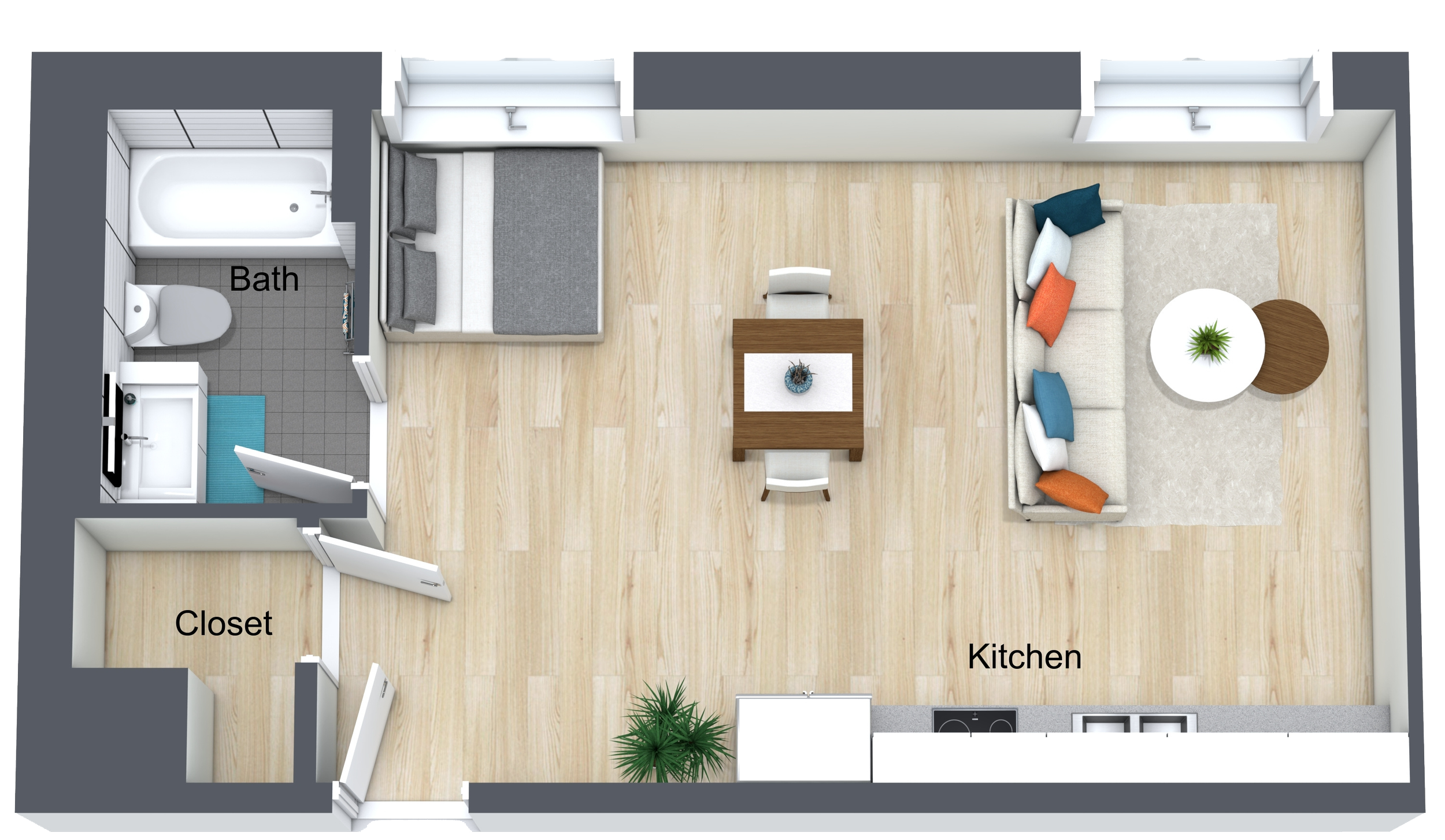 Floor plan of a small apartment with a bathroom, closet, kitchen, and living area.