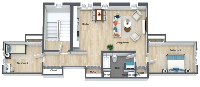 Floor plan of an apartment showing two bedrooms, a kitchen, a living room, a bathroom, laundry area, closets, and HVAC system.