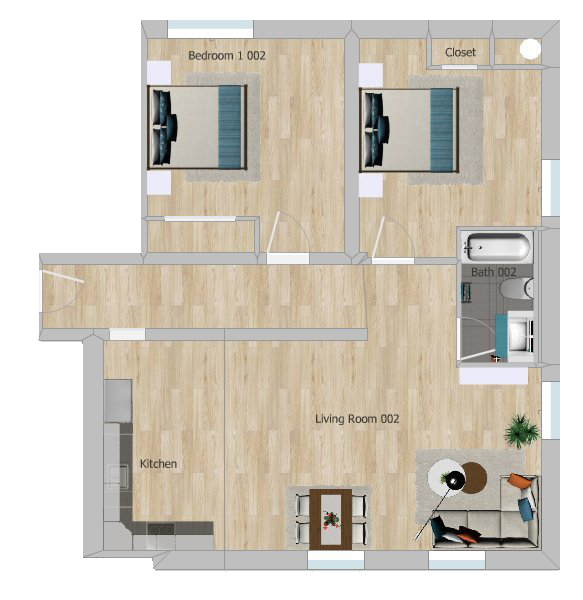 Floor plan of a two-bedroom apartment with a kitchen, living room, bathroom, two bedrooms, and a closet.