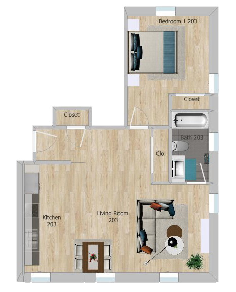 Floor plan of an apartment featuring a kitchen, living room, bedroom, bathroom, and closets.