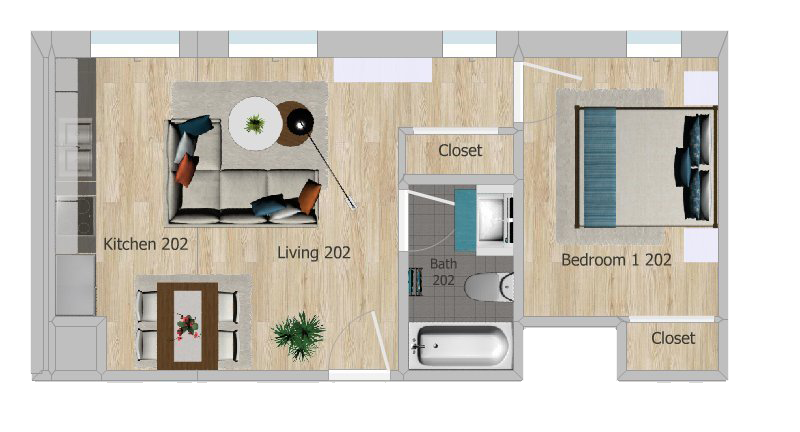 Floor plan of an apartment with a kitchen, living room, bathroom, bedroom, and closets.