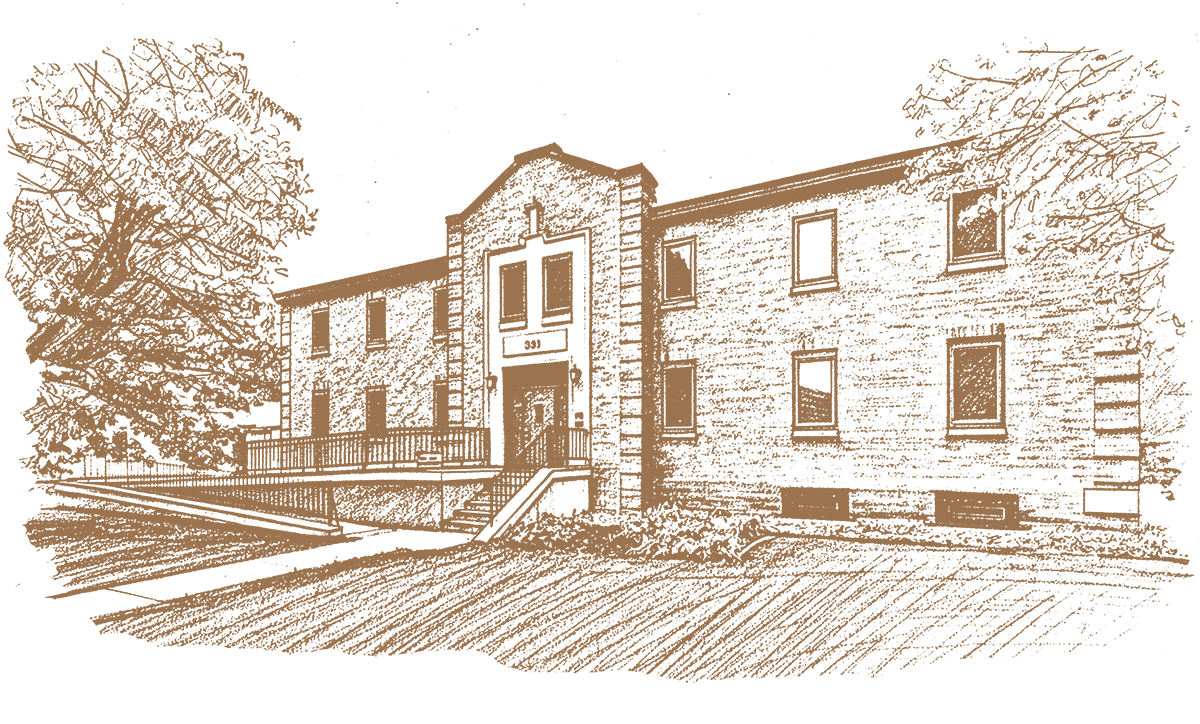 A sketch of a brick building with multiple windows, a central entrance with stairs, and large trees on either side.