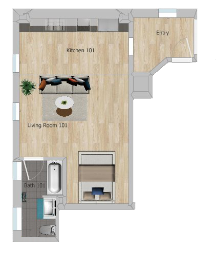 Floor plan of a small apartment showing an entryway, living room with a sofa and coffee table, kitchen with cabinets, and a bathroom with a bathtub.
