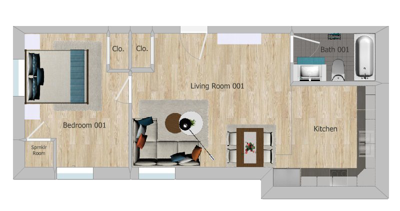 Floor plan showing a bedroom, bathroom, living room, and kitchen with furniture and fixtures.