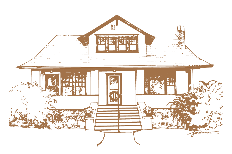 Illustration of a two-story house with a covered front porch, steps leading up to the door, surrounded by bushes.
