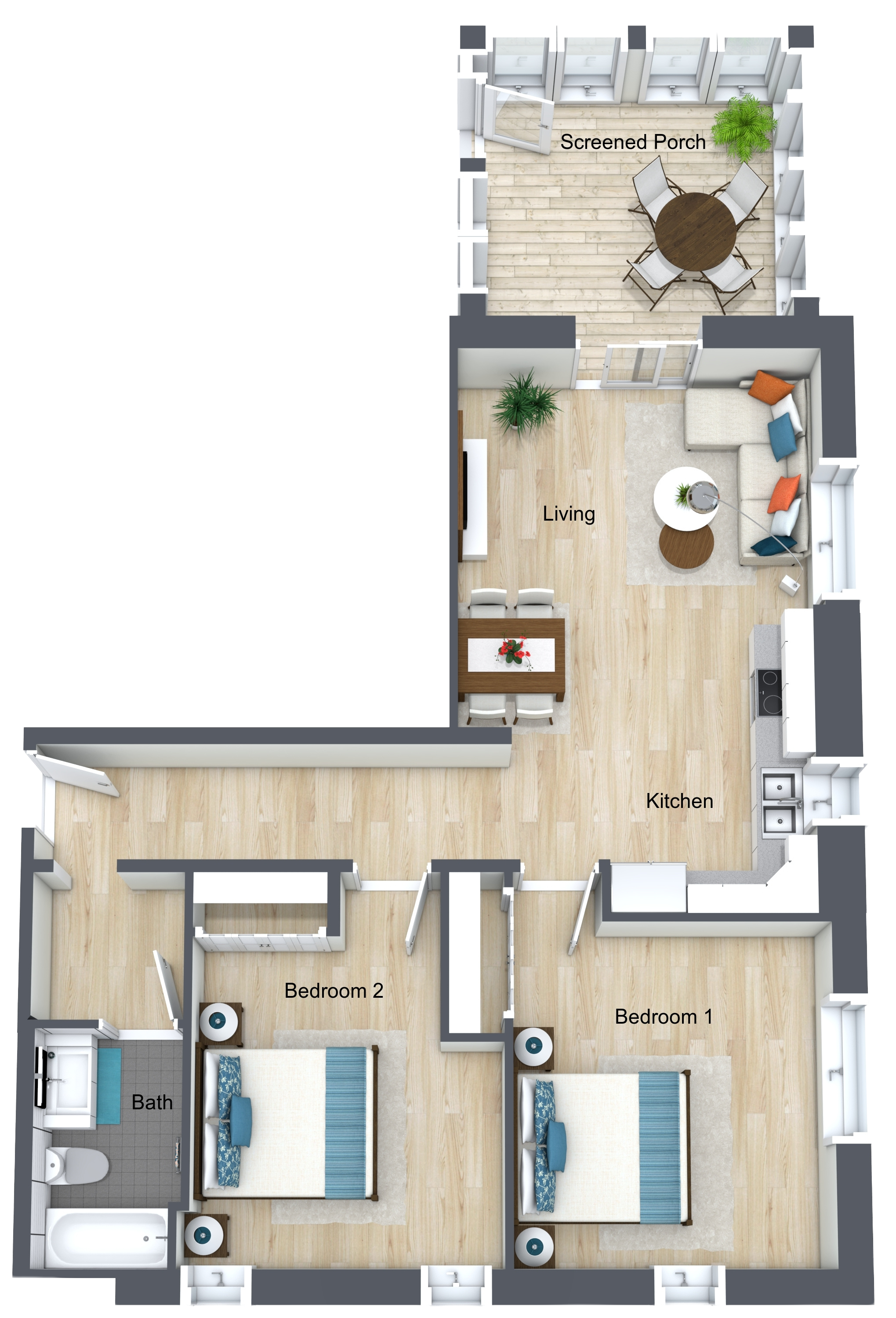 Floor plan of a house showing a living room, two bedrooms, a bathroom, a kitchen, and a screened porch with outdoor dining furniture and a potted plant.