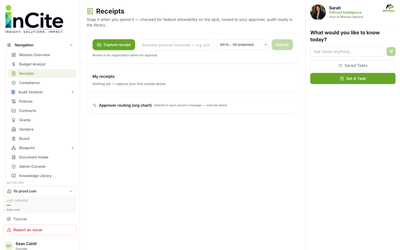 Screenshot of a software dashboard titled 'nCite' with navigation menu on the left, main section for receipts in the center, and a user profile card on the right. The dashboard includes options like 'Capture receipt,' 'Business purpose,' and 'My receipts,' with the user named Sarah and a prompt for the user to ask questions.
