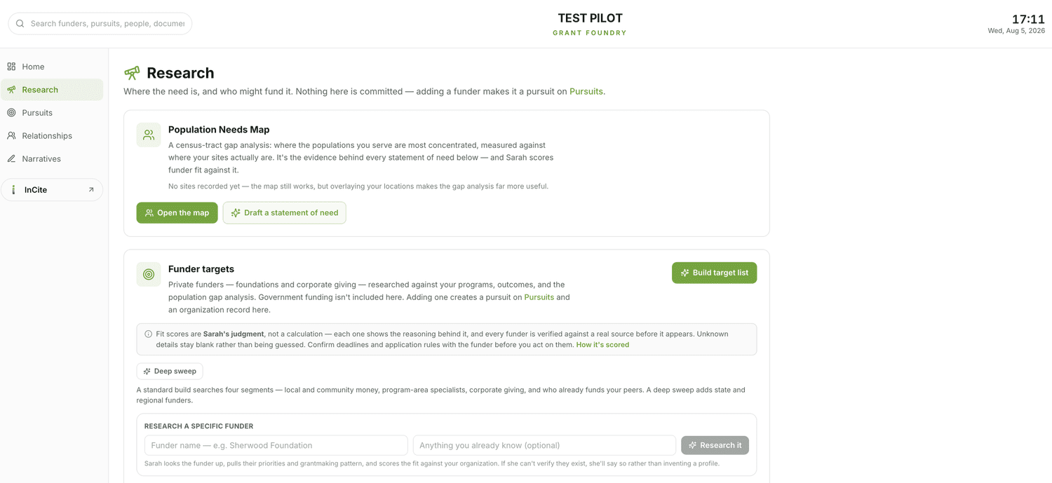 Grant Foundry — scored funder opportunities with the evidence behind each fit
