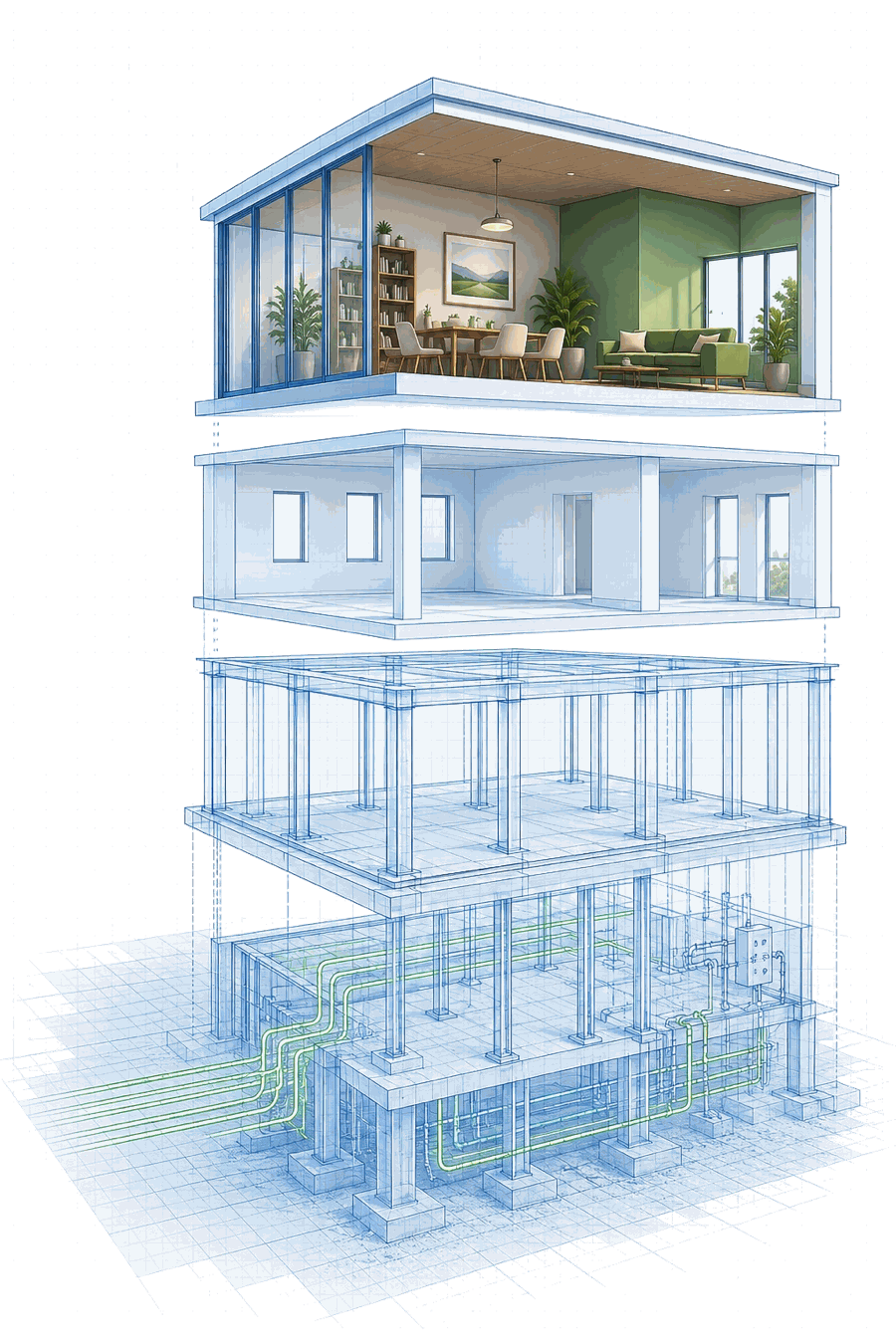 Cross-section of a modern multi-story building showing interior rooms, structural framework, and piping infrastructure on each level.
