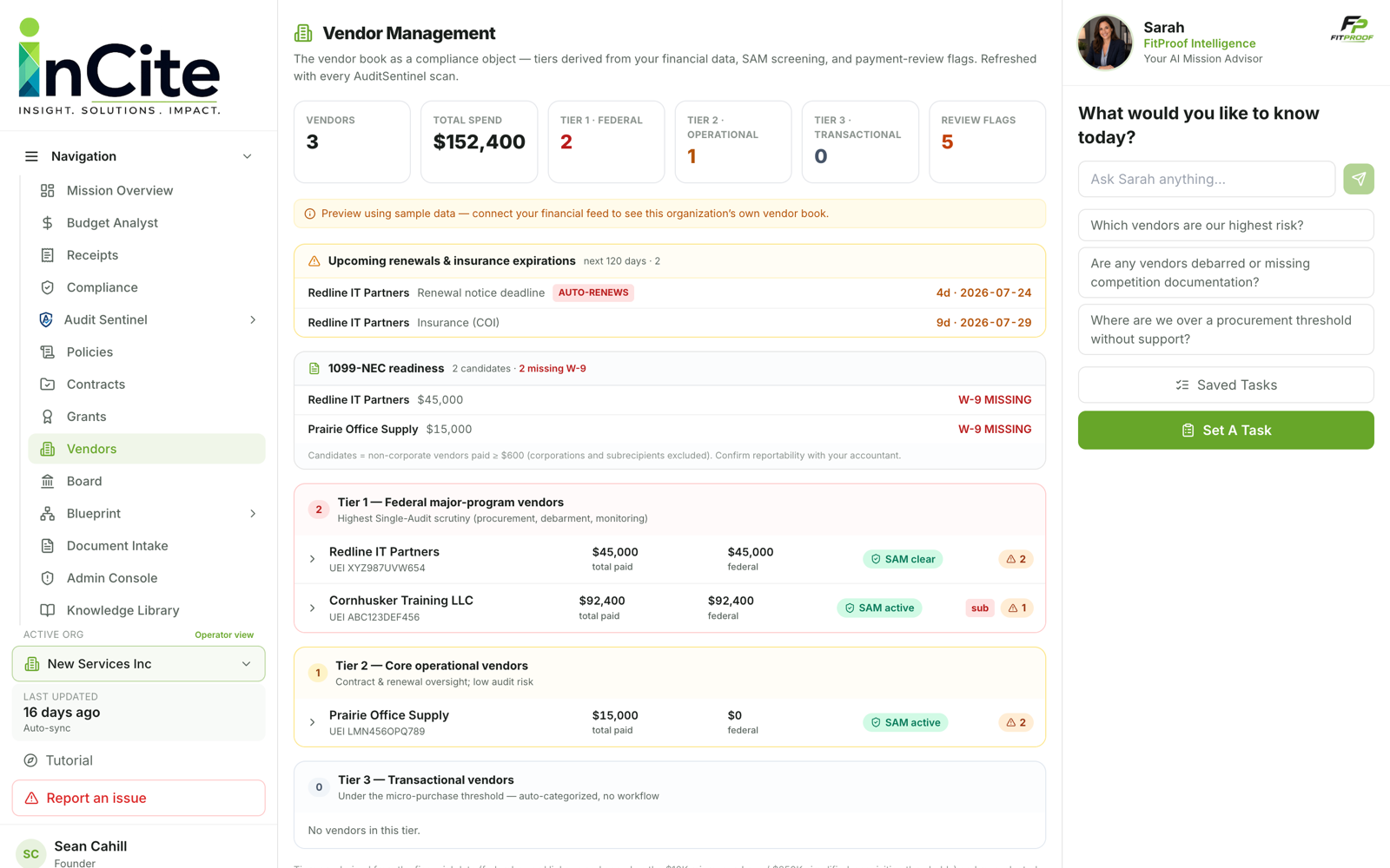 Screenshot of a vendor management dashboard from a software platform. The left sidebar shows navigation options such as Mission Overview, Budget Analyst, Receipts, Compliance, and Vendors. The main view displays vendor details, upcoming renewals, and insurance expirations, with various metrics like total spend and tier information. On the right side, a chat widget with Sarah from FitProof Intelligence is visible, asking questions about vendors and risk. The page includes sections for tiered vendor lists, with status indicators such as SAM clear, active, and warning icons.
