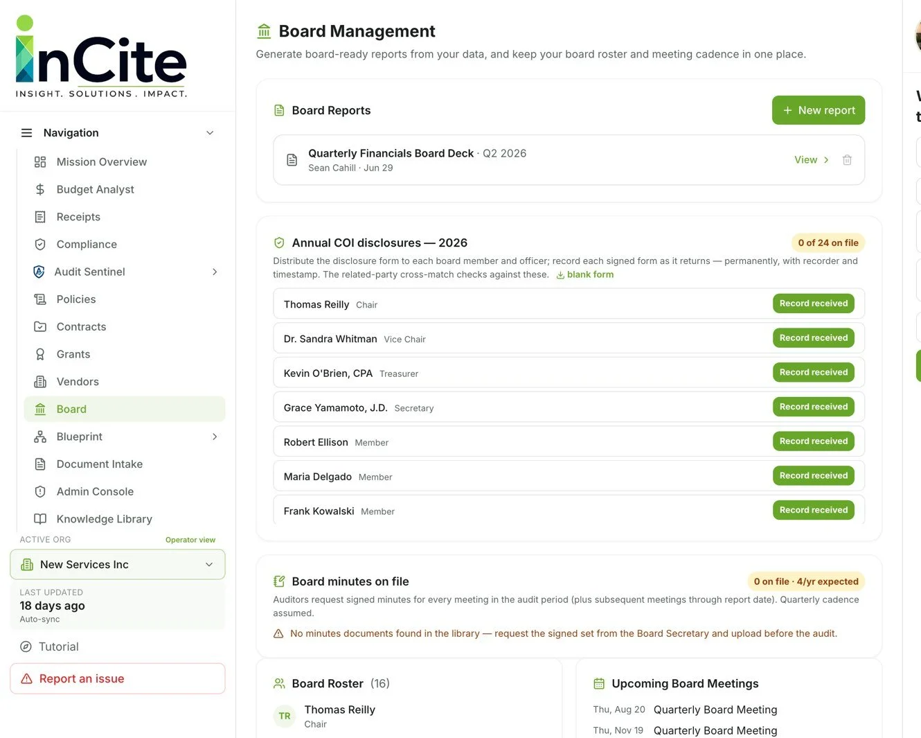 Screenshot of a business management platform with a sidebar menu on the left and main content on the right, showing board management, reports, disclosures, and upcoming meetings.