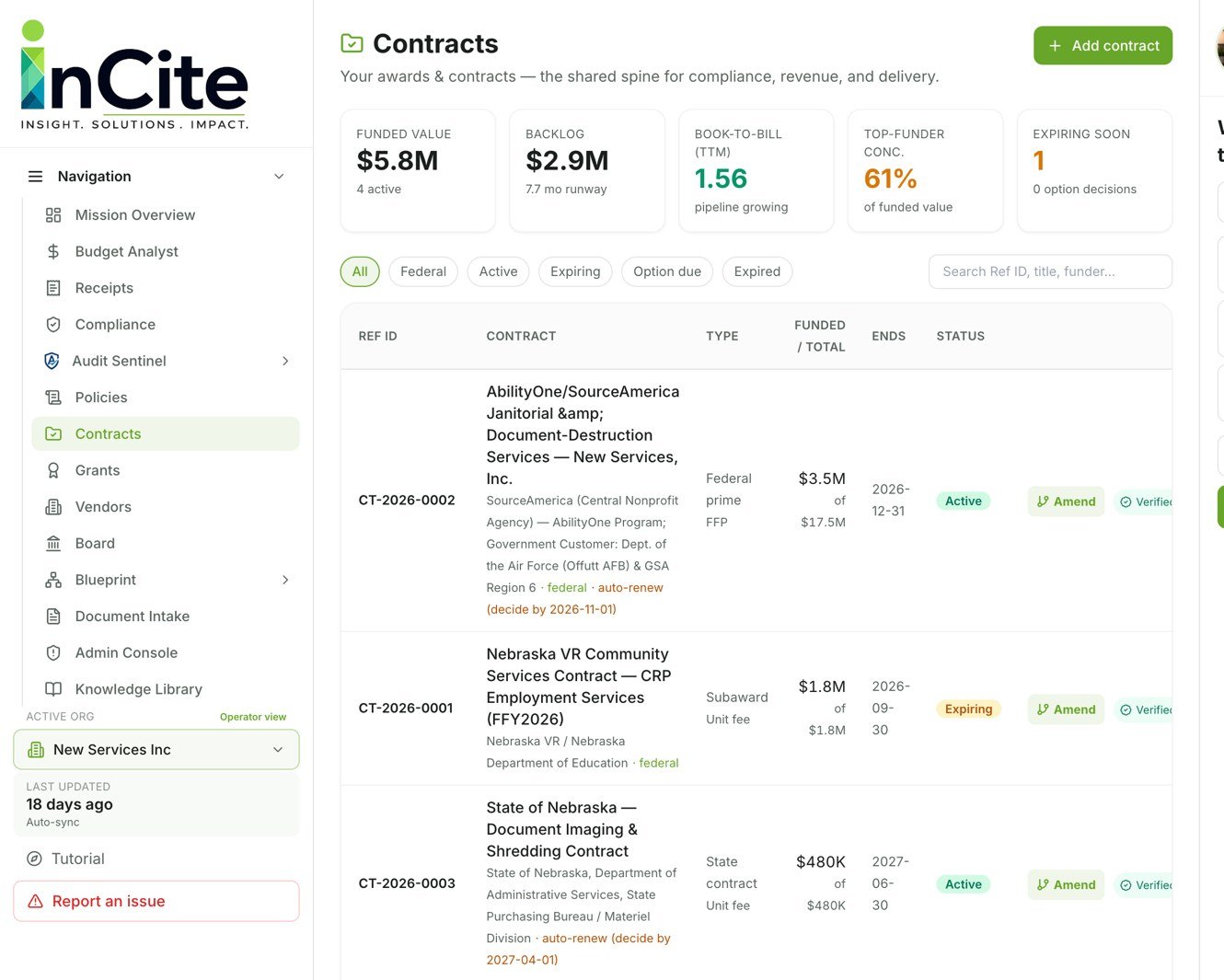 Screenshot of a web interface displaying contract information, including project details, status, and financial data, with a sidebar menu on the left.