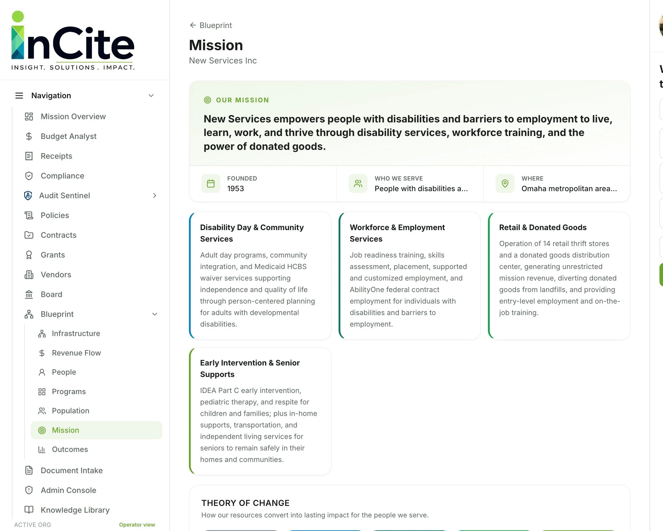 Screenshot of a website page for InCite, an organization focused on empowering people with disabilities through various services. The page includes sections on mission, outcomes, and programs, with a sidebar menu listing different categories.