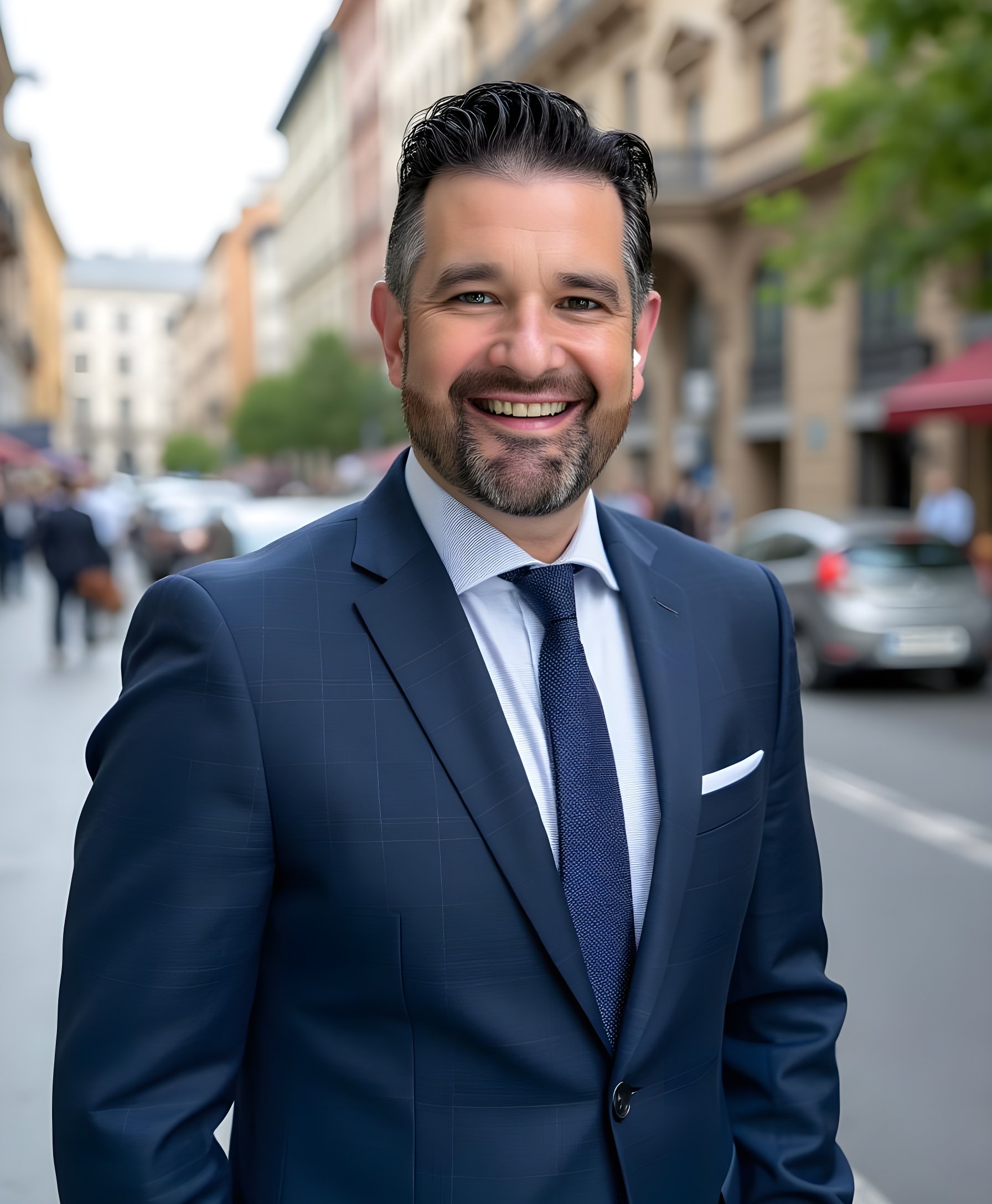 Portrait of a smiling man with dark hair, beard, and mustache, wearing a navy blue suit, white shirt, and navy blue tie, standing outdoors in an urban setting with blurred buildings and people in the background.