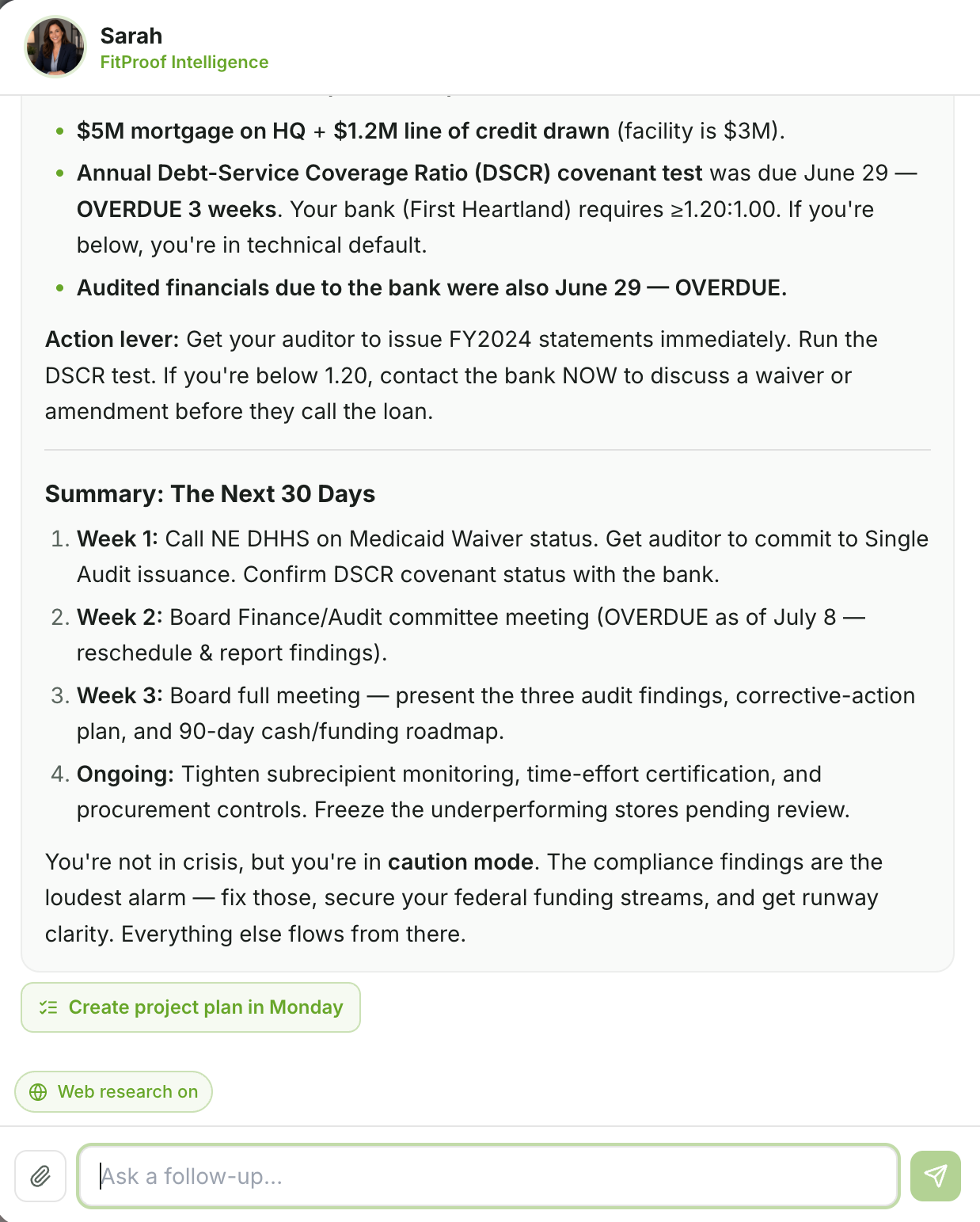 Screenshot of a financial update and action plan from Sarah at FitProof Intelligence, including details on mortgage, credit line, debt covenant tests, and a 30-day procedural schedule for audits and meetings.