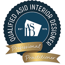 Logo for Qualified ASID Interior Designer, established in 1975, with professional practitioner ribbons.