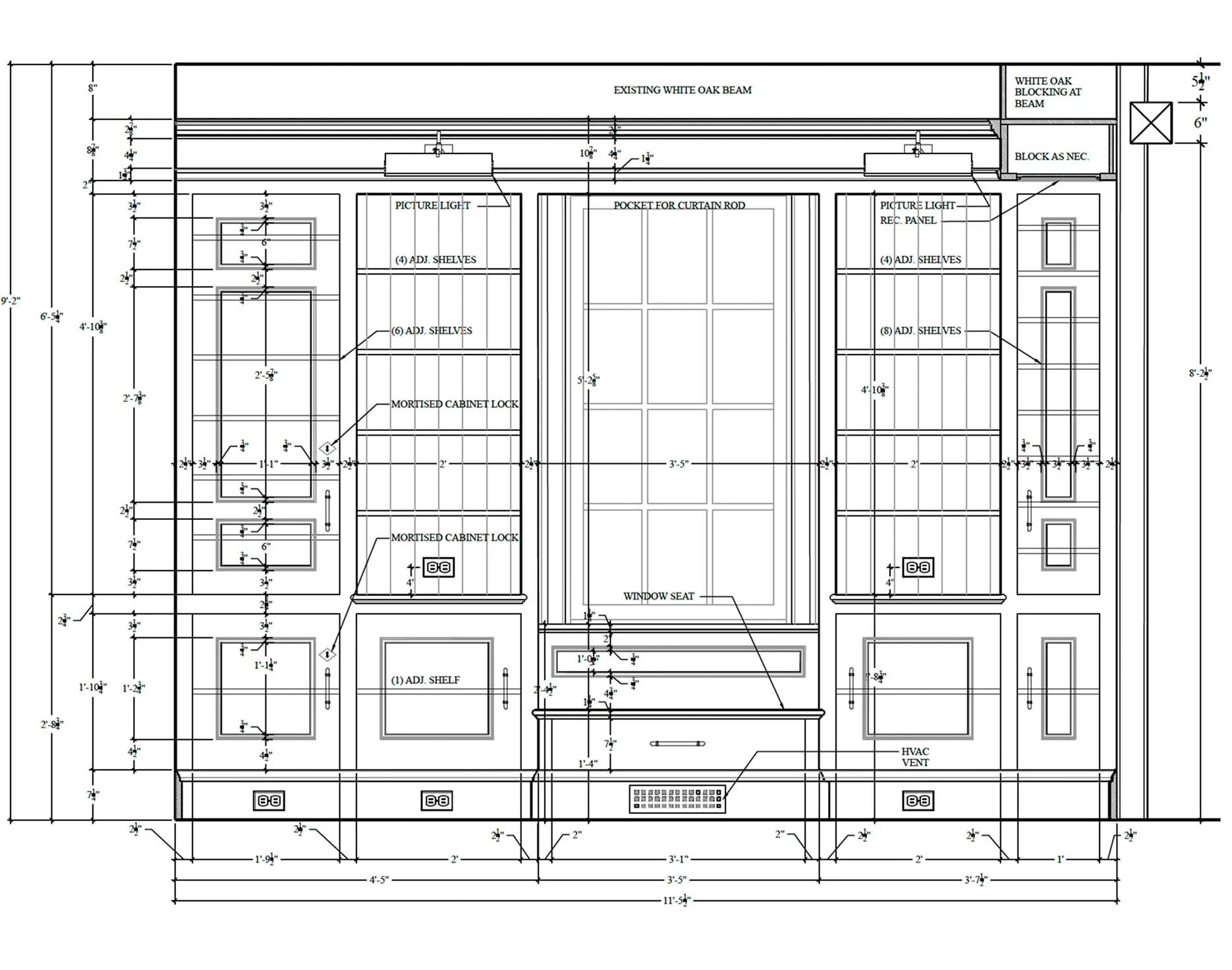 Architectural blueprint of a building facade with detailed measurements, window placements, and labels for shelves, cabinet locks, and lighting fixtures.