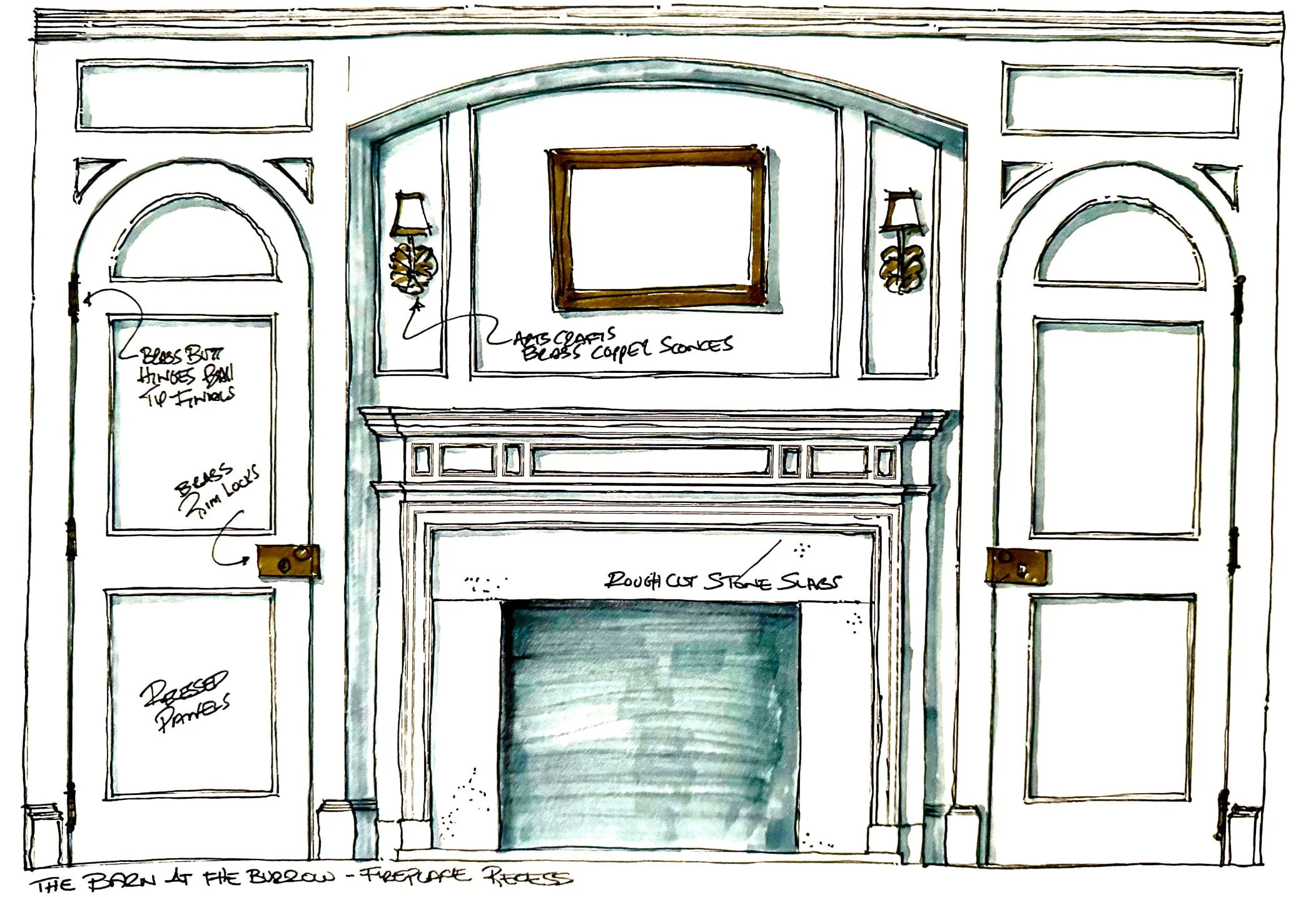 Design sketch of a fireplace mantel with decorative moldings, wall sconces with copper accents, and notes about materials such as glass, brass, and rough cut stone slabs.