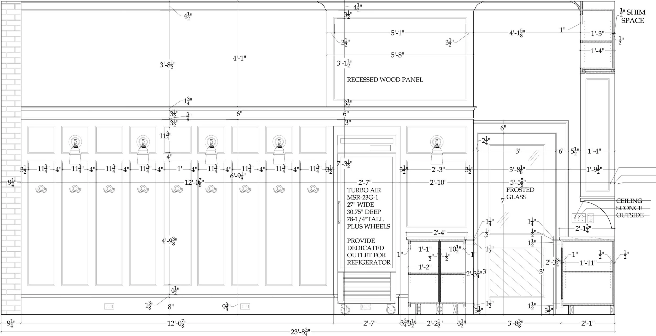 Architectural blueprint of a kitchen wall with measurements, including details for cabinetry, recessed wood panel, frosted glass, ceiling sconce outside, and space for a refrigerator.