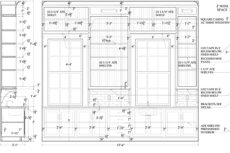 A detailed blueprint of a wall with various shelves, cabinets, and spaces labeled with measurements for installation. It includes sections for shelves, cabinets, recessed panels, curtain spaces, and brackets.