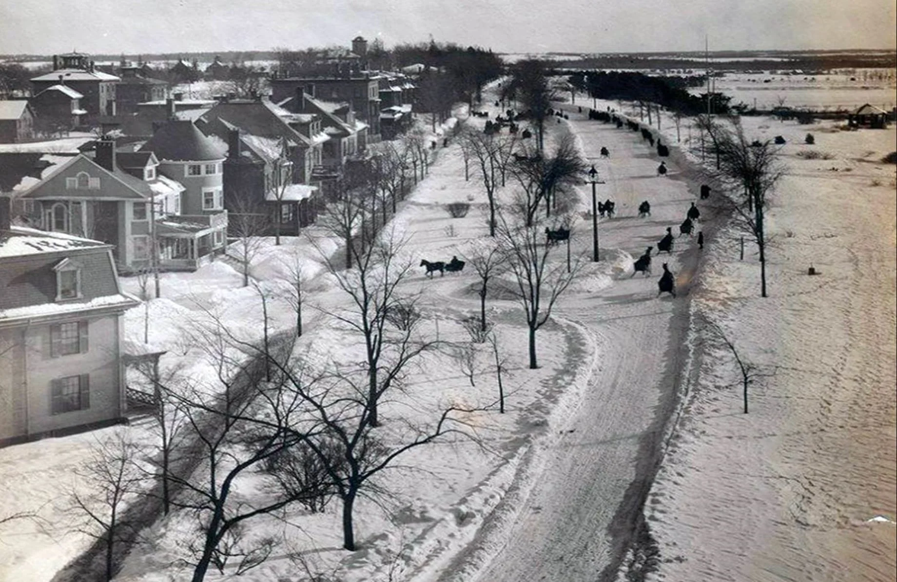 A snowy street with horse-drawn carriages and pedestrians, lined with leafless trees and historic houses, in a rural area.