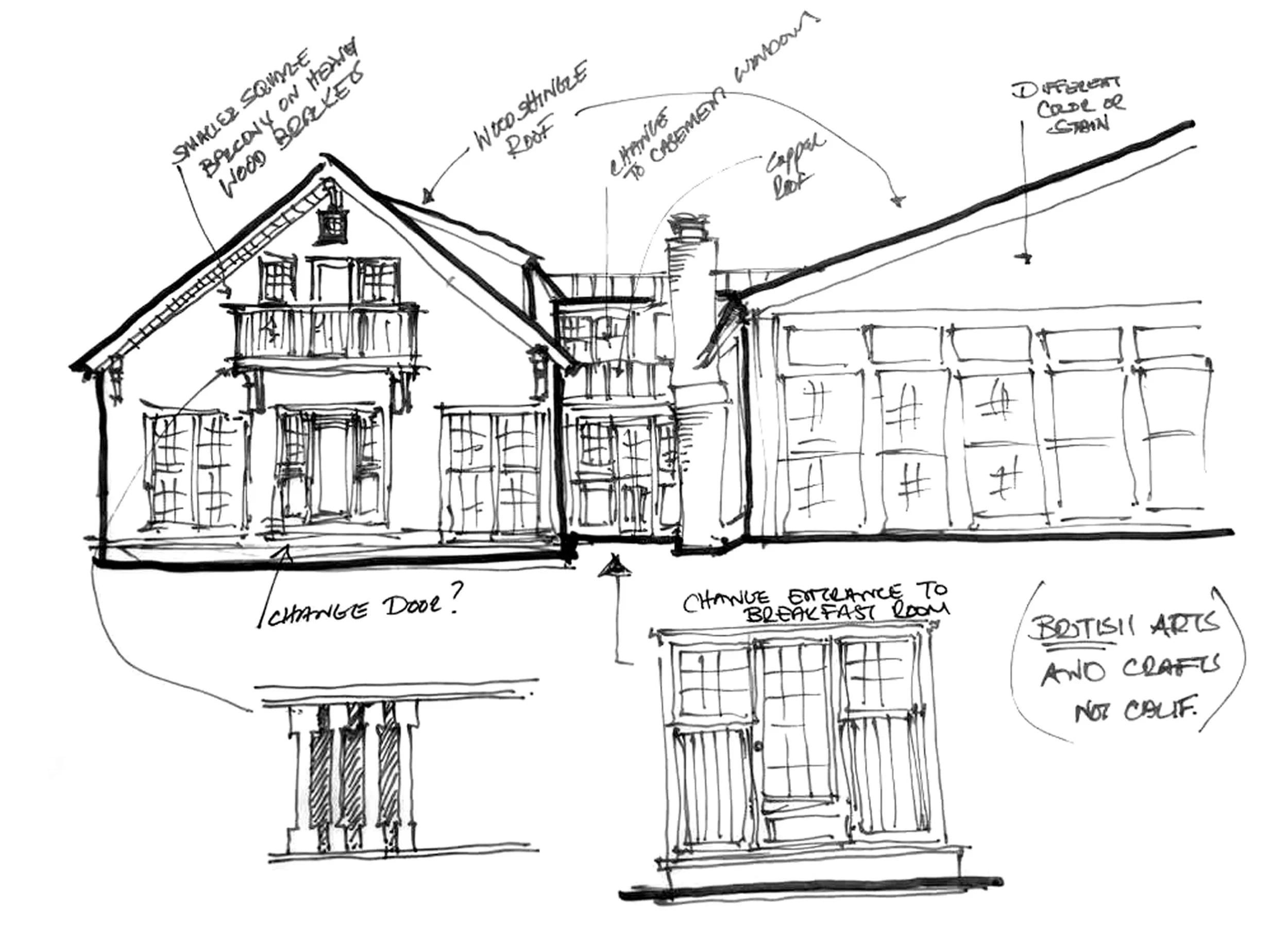 Sketch of a house design, showing different elements like a garage, front door, windows, chimney, and a roof. annotations include notes about changing doors, a breakfast room, and details about exterior finishes.