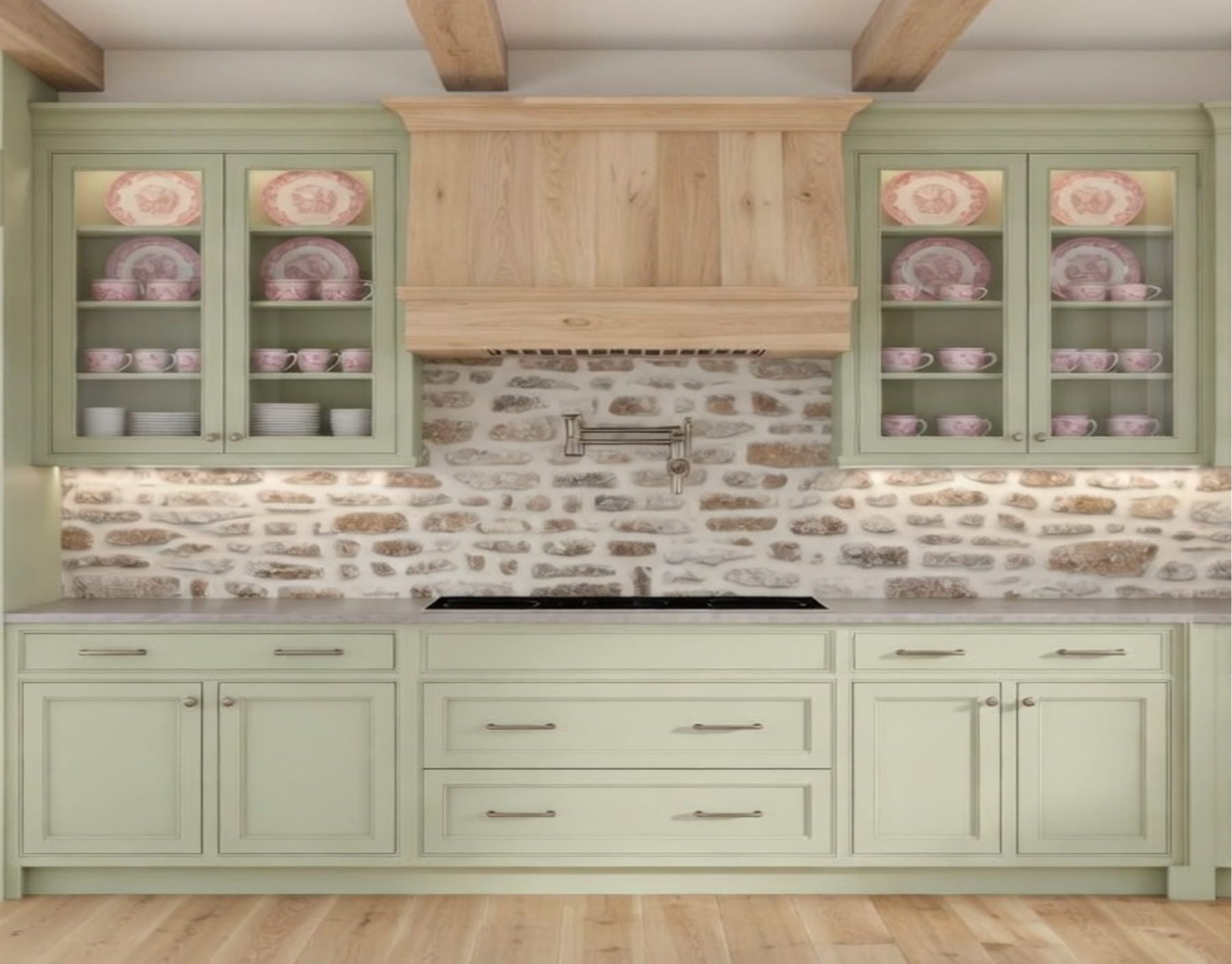 A kitchen with open green cabinets filled with decorative pink and white china dishes, a stone brick backsplash, and a white countertop with drawers and cabinets below.