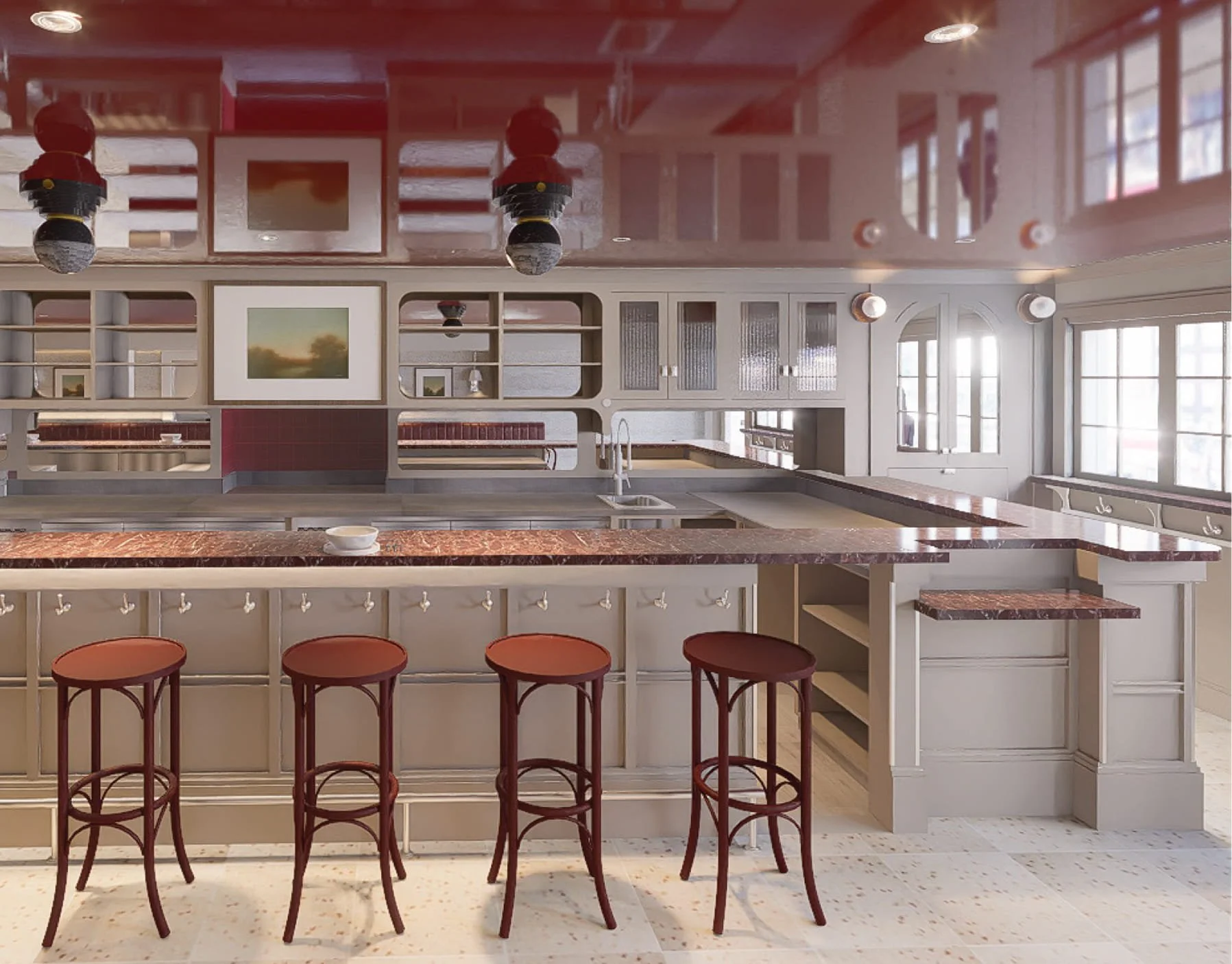 A modern kitchen with a marble countertop bar area and four red bar stools. Behind the bar is a wall with shelving, artwork, and large windows letting in natural light.