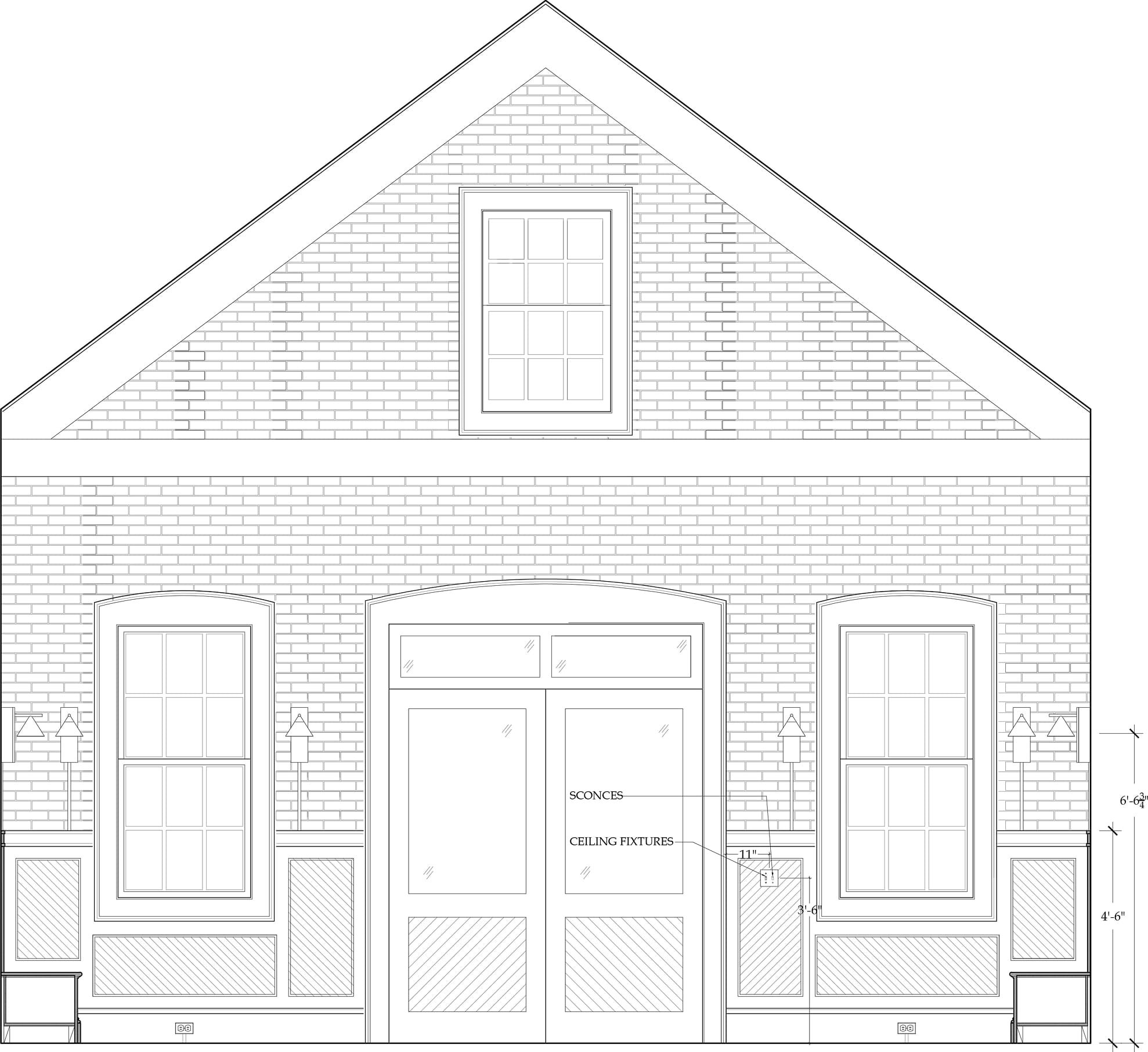 Architectural blueprint of a house wall and roof with measurements, window, and garage door detail.