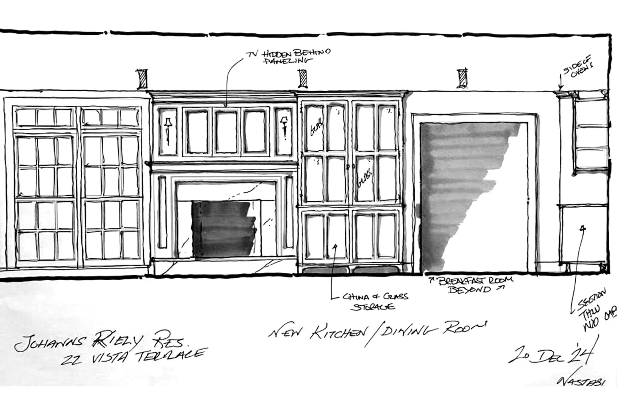 A hand-drawn sketch of a room layout, including details like a fireplace with china and glass storage, a TV behind paneling, and a side eye. There's handwritten text indicating a new kitchen, dining room, and a view of the terrace, dated December 20, 1981.