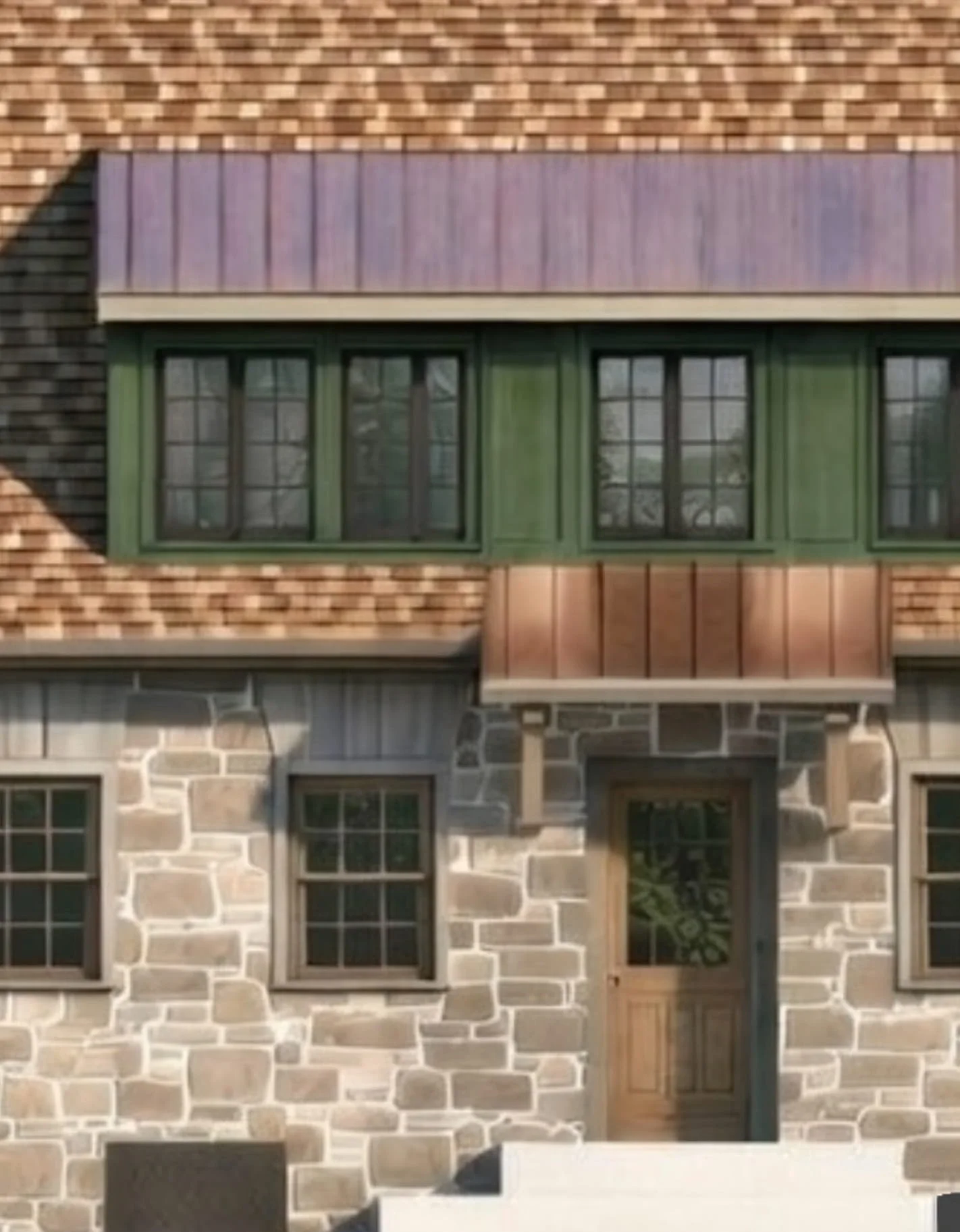 Front view of a house with stone exterior, three front-facing windows, a wooden front door, and a second-floor window area with green trim and purple panels.