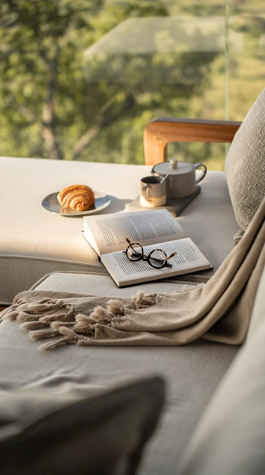 A cozy indoor scene with a book, eyeglasses, and a blanket on a sofa, with a tray holding a teapot, cup, and a pastry on a nearby table, overlooking a green, leafy outdoor view.
