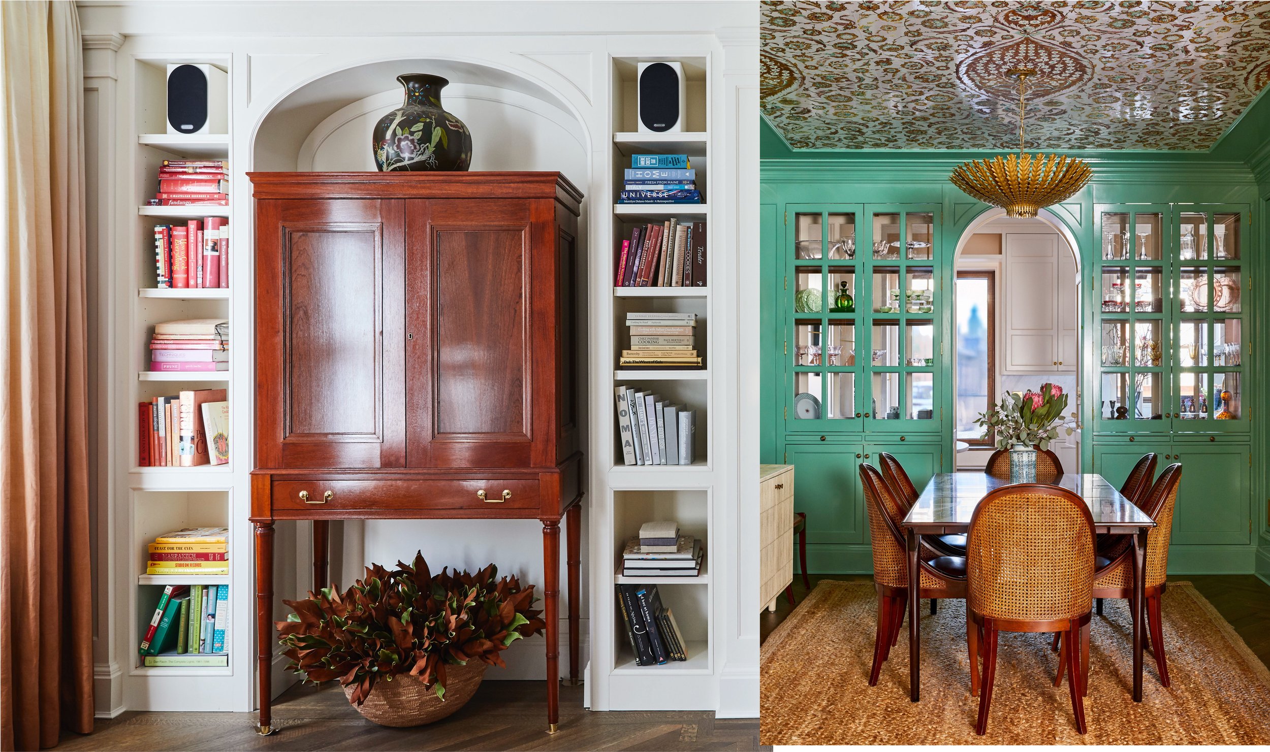 A split image showing two different room interiors. The left side features a white built-in bookshelf and a central wooden cabinet with a large decorative vase on top, along with a potted plant below. The right side depicts a dining area with a green