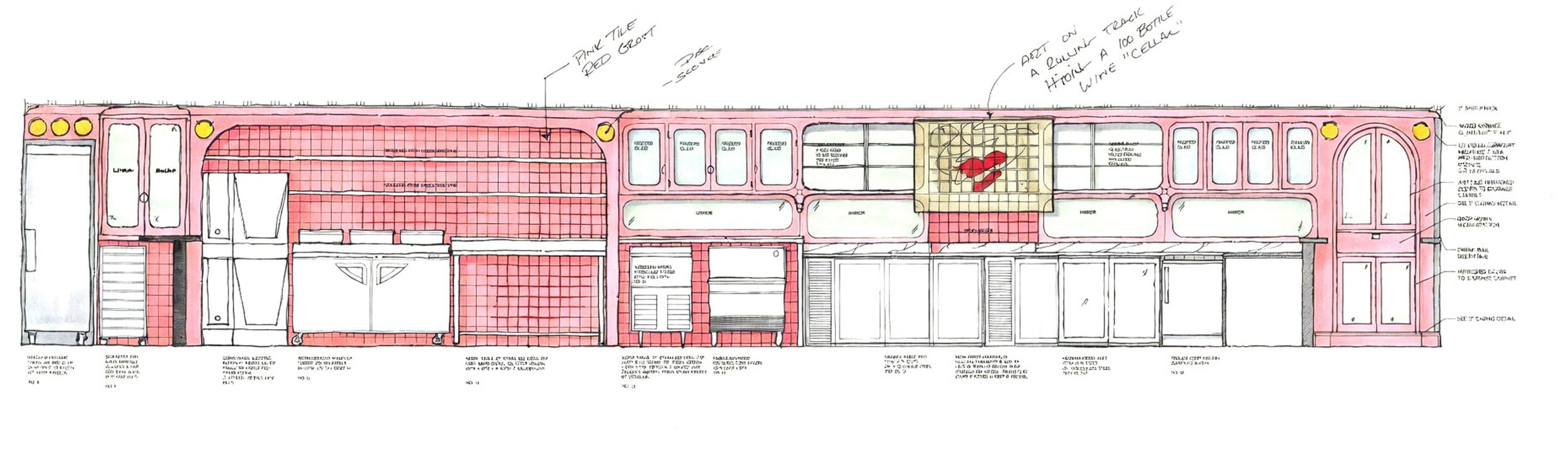 Architectural drawing of a bakery or cafe with pink tiles, a heart-shaped sign, and notes about materials and design.