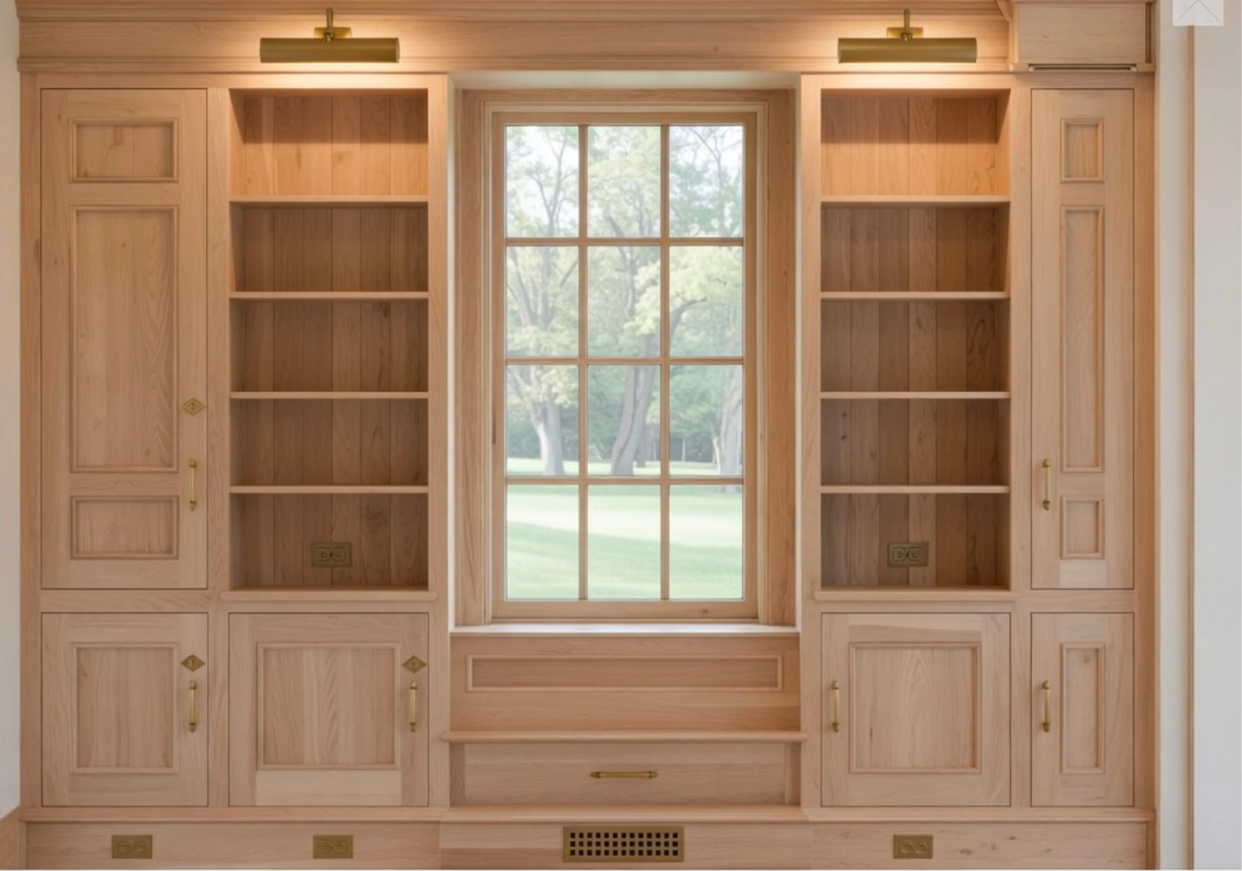 Built-in wooden bookshelf with a window in the center and a view of trees outside.