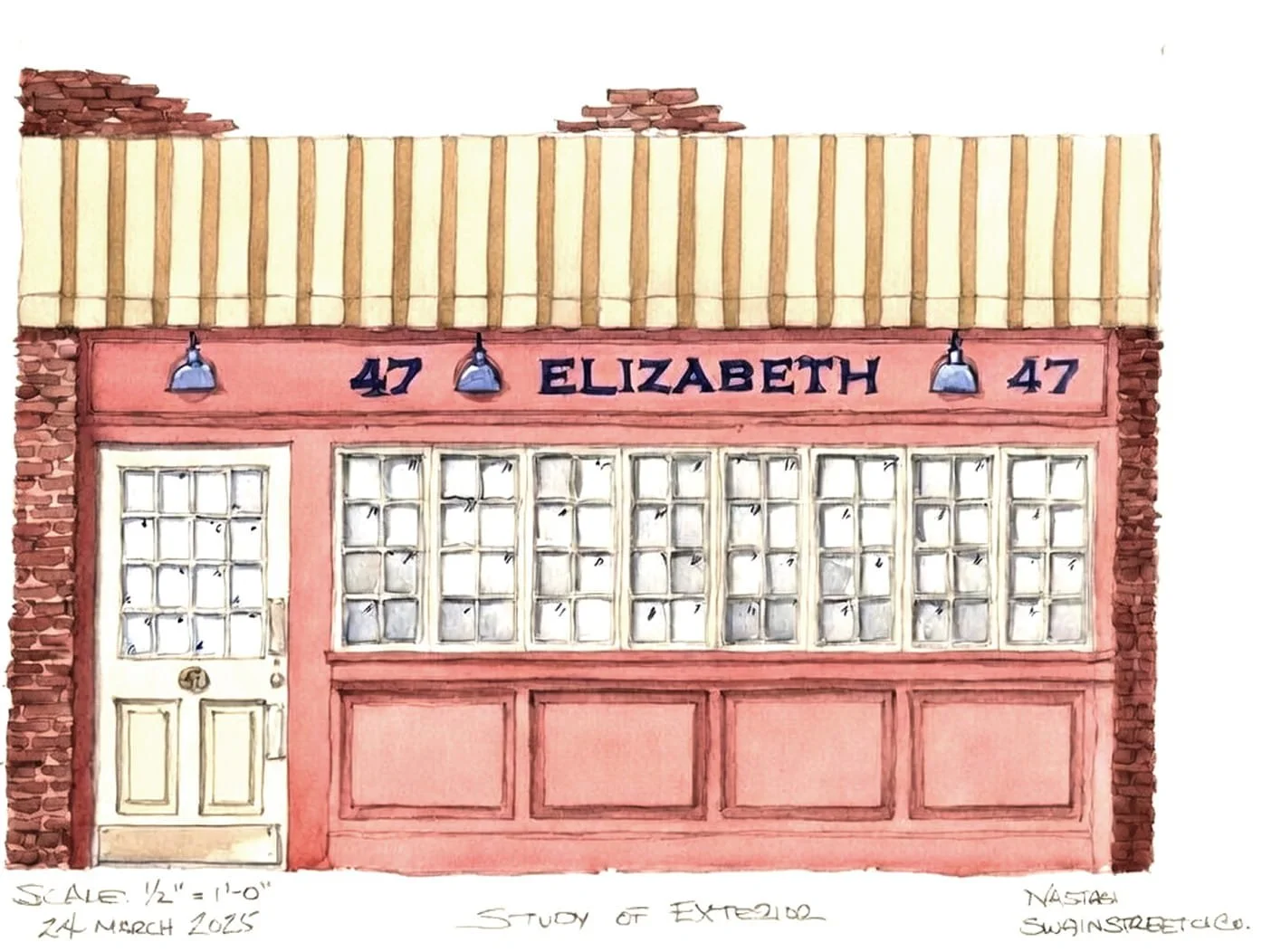 Watercolor illustration of a storefront with the number 47 and the name Elizabeth written above the door, three lights hanging above, large window panes, a white door, and brick and wood details, with notes indicating measurements and study details.