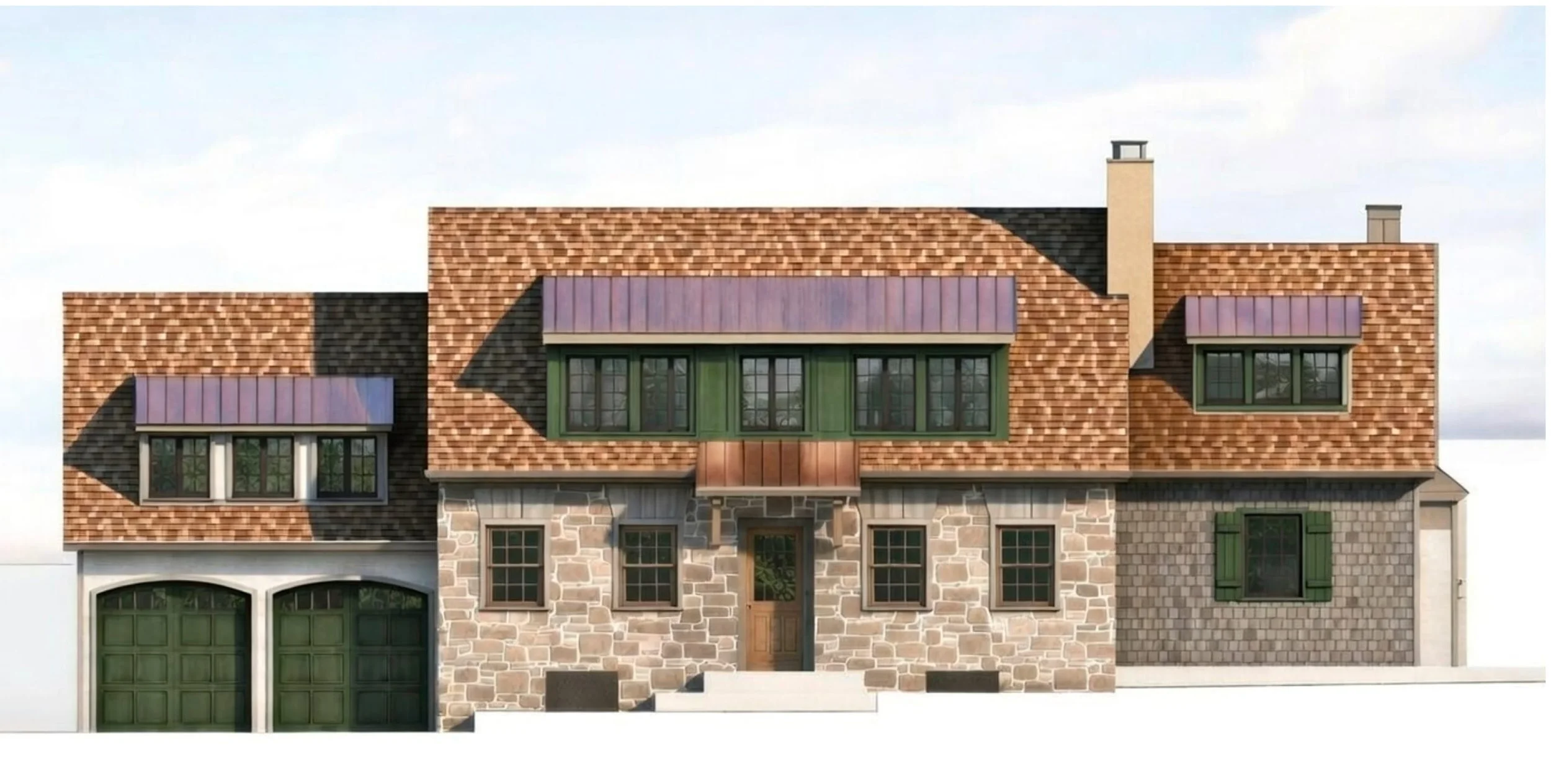 Front view of a house with a stone and brick exterior, green garage doors, multiple windows with green shutters, and a detailed roof with different sections and dormer windows.